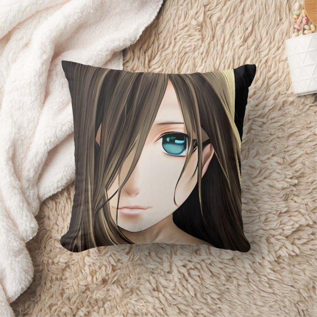 Brown Haired Blue Eyed Anime Girl Cushion (Blanket)