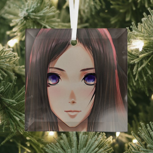Brown Haired Blue Eyed Anime Girl Glass Tree Decoration (Insitu)