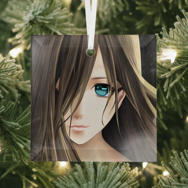 Brown Haired Blue Eyed Anime Girl Glass Tree Decoration (Insitu)