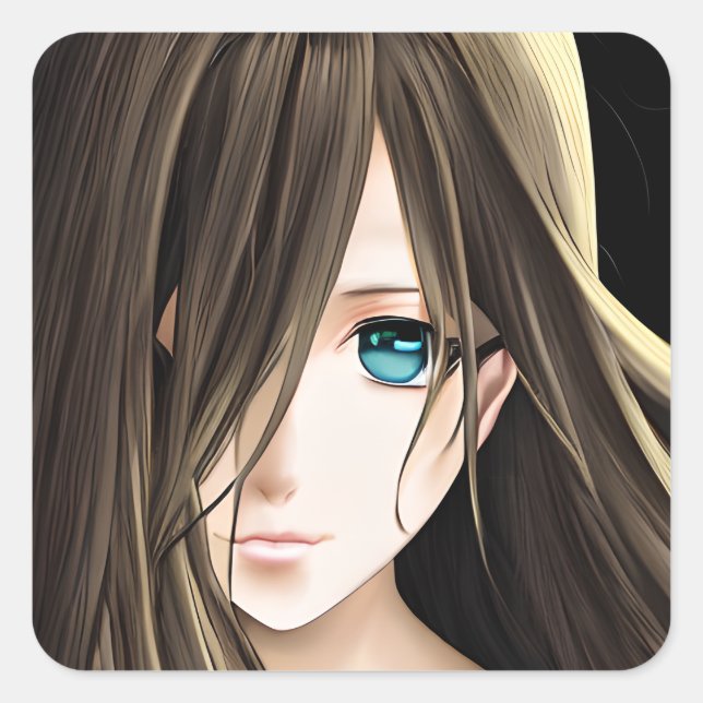 Brown Haired Blue Eyed Anime Girl Square Sticker (Front)