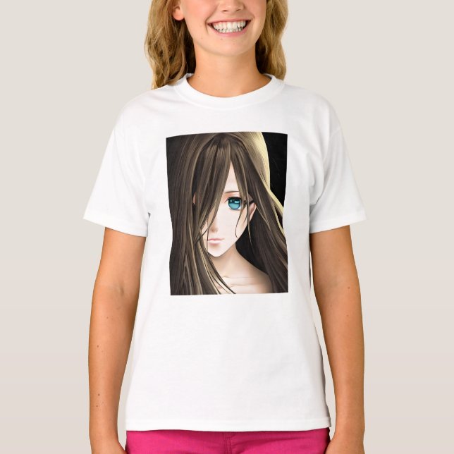 Brown Haired Blue Eyed Anime Girl T-Shirt (Front)