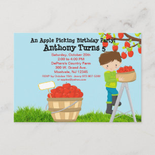 Brown Haired Boy Apple Picking Birthday Party Invitation
