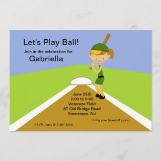 Brown Haired Girls Softball Birthday Invitation