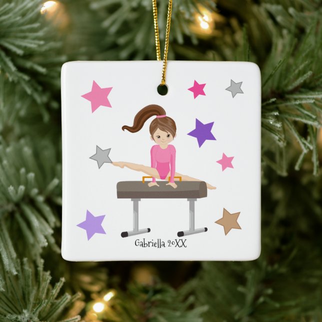 Brown Haired Gymnast Girl Gymnastics Christmas Ceramic Ornament (Tree)