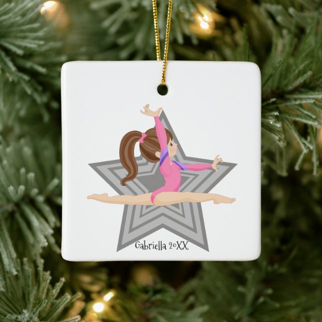 Brown Haired Gymnast Girl Gymnastics Christmas Ceramic Ornament (Tree)