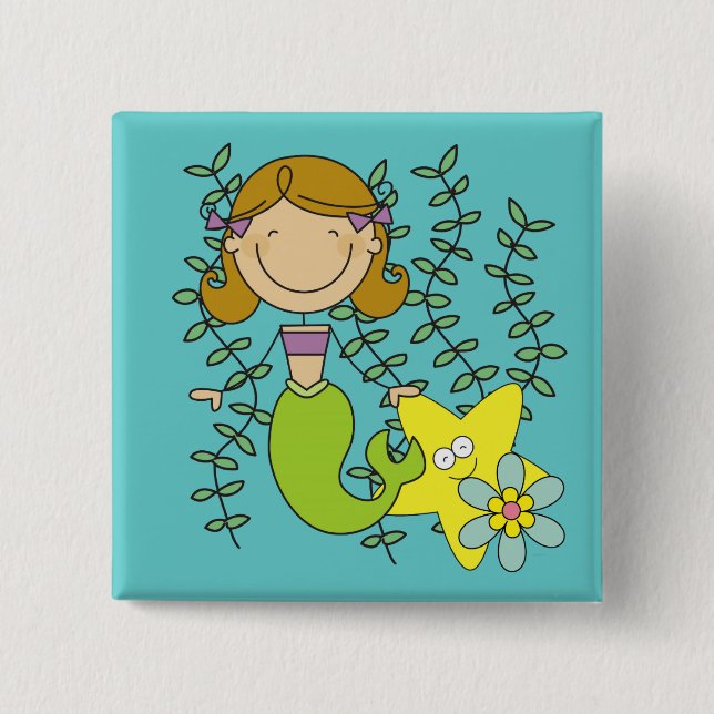 Brown Haired Mermaid 15 Cm Square Badge (Front)