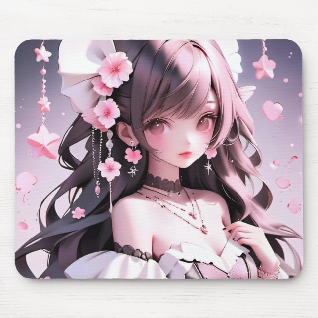 Brown Haired Mermaid With Pink Flowers in Her Hair Mouse Mat (Front)