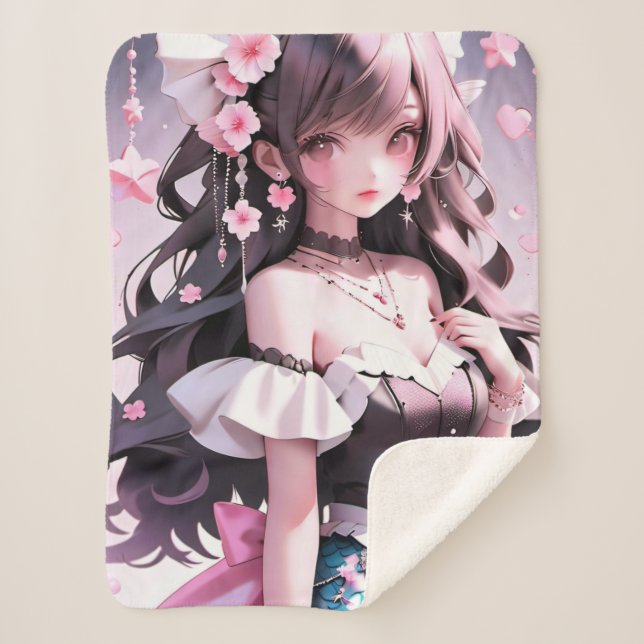 Brown Haired Mermaid With Pink Flowers in Her Hair Sherpa Blanket (Front)