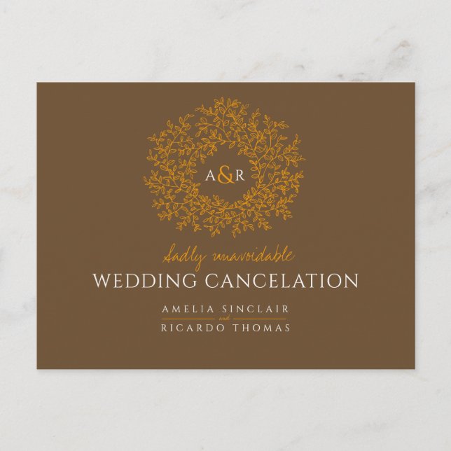 brown hand drawn leaf monogram wedding cancellatio announcement postcard (Front)