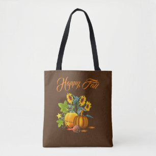 Brown Happy Fall with Pumpkin and Sunflowers Tote Bag
