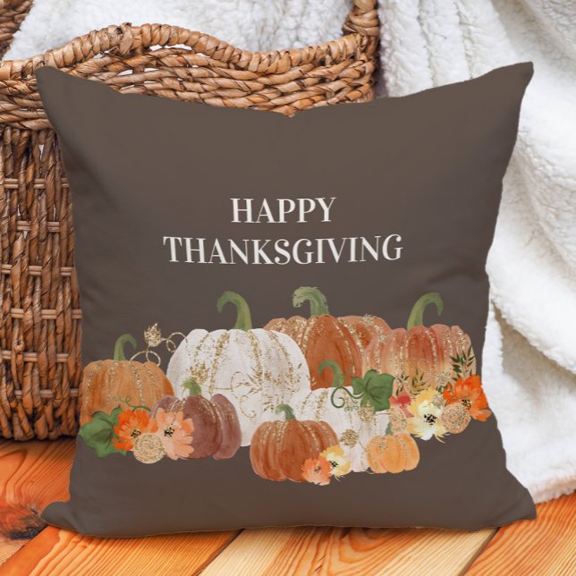Brown Happy Thanksgiving Orange White Pumpkins  Cushion (Rustic brown "Happy Thanksgiving" pillow with orange and white pumpkins)