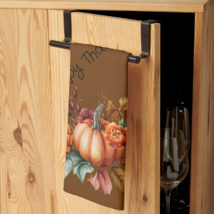 Brown Happy Thanksgiving Pumpkin Fall Flowers Tea Towel