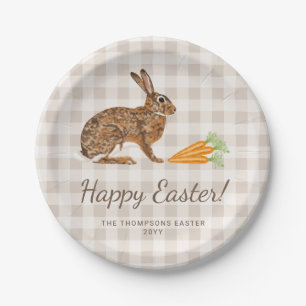 Brown Hare And Carrots Happy Easter Beige Gingham Paper Plate