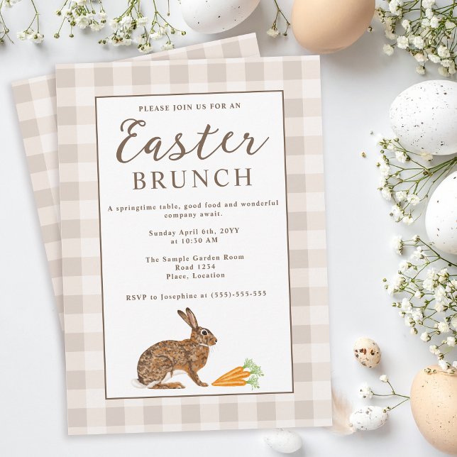 Brown Hare Beige Gingham Rustic Easter Brunch Invitation (Creator Uploaded)