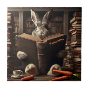 Brown Hare reading in library. Editable name Tile