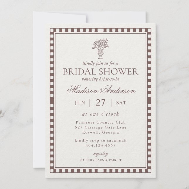Brown Harlequin Checkered Bridal Shower Invitation (Front)