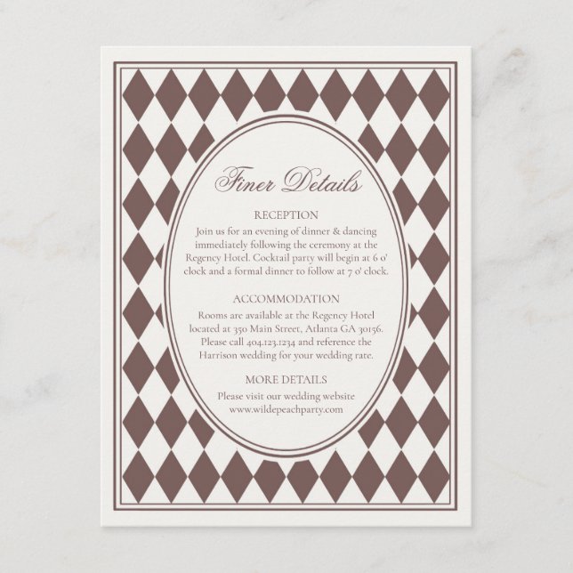 Brown Harlequin Checkered Finer Details Wedding Enclosure Card (Front)
