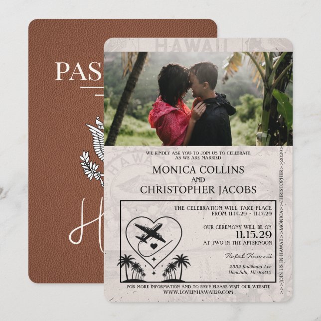 Brown Hawaii Passport Wedding Invitation (Front/Back)