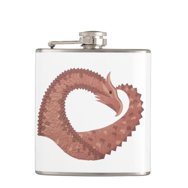 Brown heart dragon on white hip flask (Front)