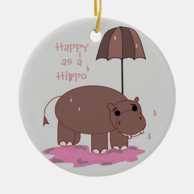 Brown Hippopotamus with Umbrella Ceramic Tree Decoration (Front)