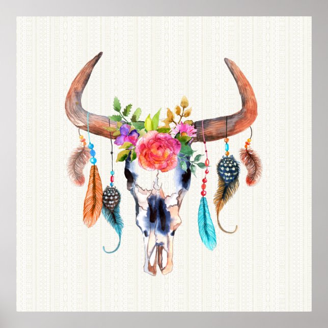Brown Horns And Colourful Feathers On Bull Skull Poster (Front)