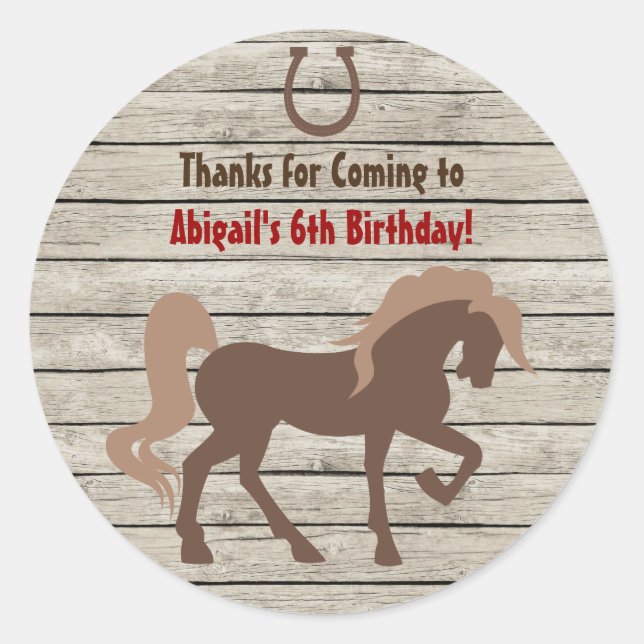 Brown Horse and Barn Wood Girls or Boys Birthday Classic Round Sticker (Front)