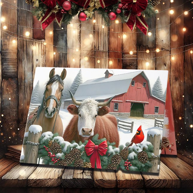 Brown Horse and Cow Christmas Farm Holiday Card (Creator Uploaded)