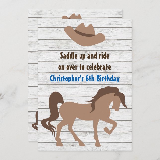 Brown Horse and Cowboy Hat Western Birthday Invitation (Front/Back)