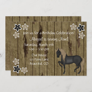 Brown Horse and Flowers, Faux Barn Wood Birthday Invitation
