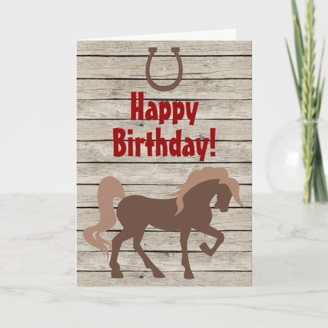 Brown Horse and Horse Shoe on Barn Wood Birthday Card (Front)