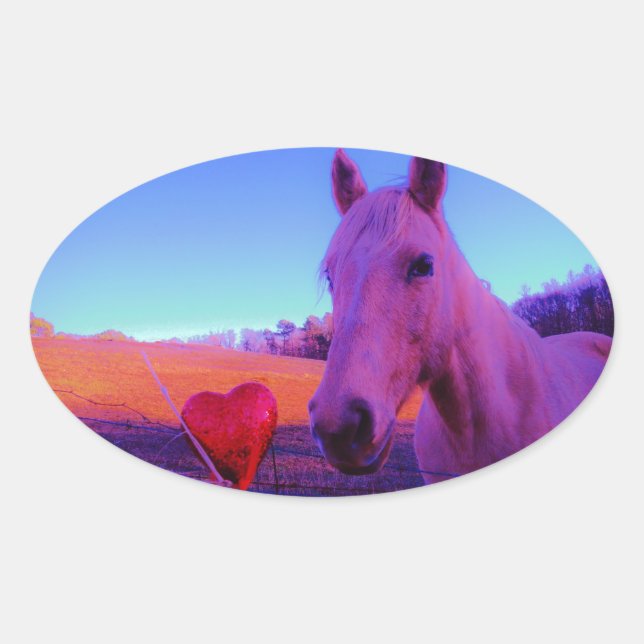 Brown Horse and Red Heart Oval Sticker (Front)