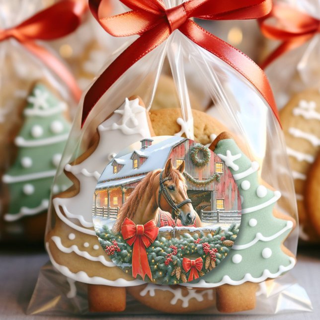 Brown Horse, Bows and Barns Rustic Christmas Classic Round Sticker (Creator Uploaded)