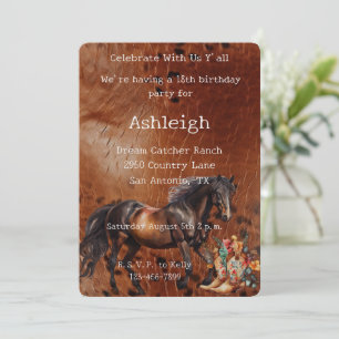 Brown Horse Floral Cowgirl Boots Birthday Invitation
