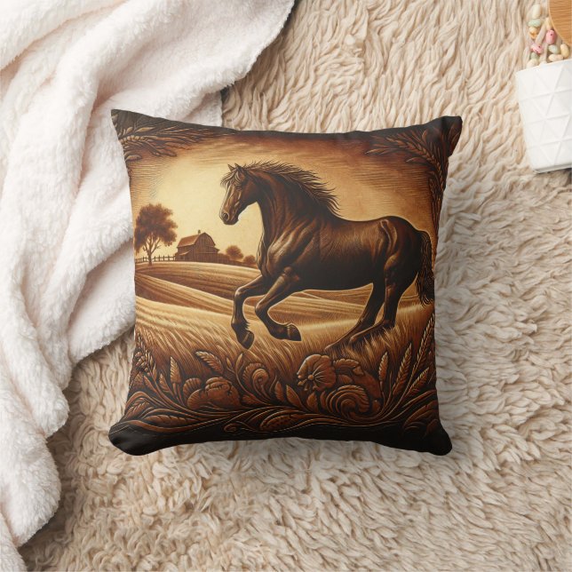 Brown Horse Galloping Across Golden Fields Cushion (Blanket)
