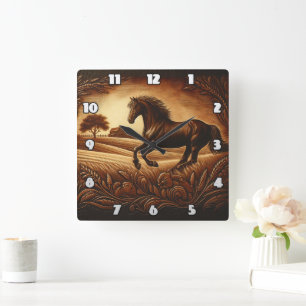 Brown Horse Galloping Across Golden Fields Square Wall Clock