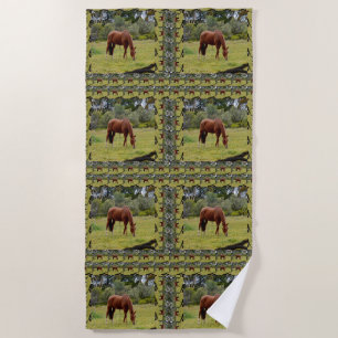 Brown Horse Grazing Bordered With Same Image, Beach Towel