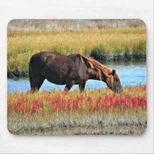 Brown Horse Grazing by Water Meadow Mouse Mat