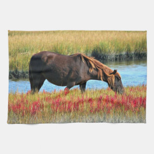 Brown Horse Grazing by Water Tea Towel