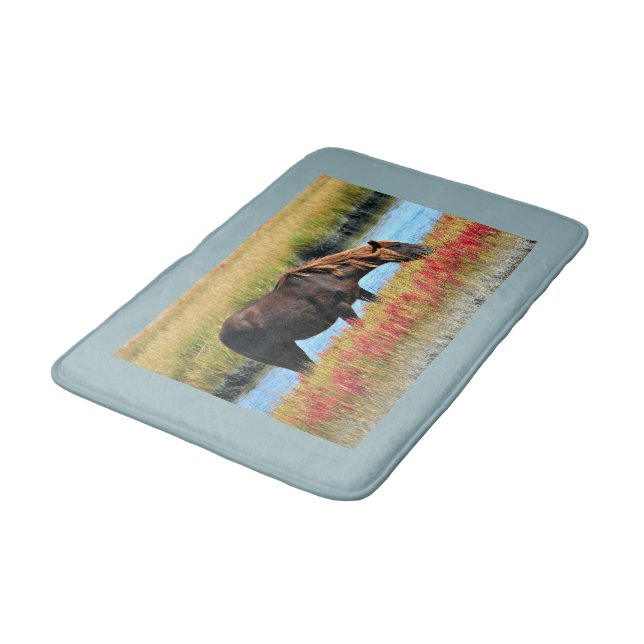 Brown Horse Grazing with Blue Water Border Bath Mat (Angled)
