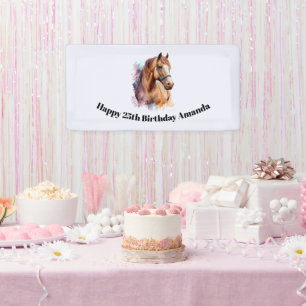 Brown Horse Head Portrait in Watercolor Birthday Banner