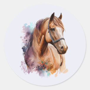 Brown Horse Head Portrait in Watercolor Classic Round Sticker