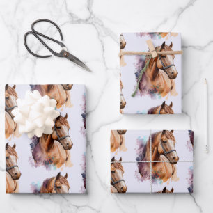 Brown Horse Head Portrait in Watercolor Pattern Wrapping Paper Sheet