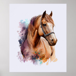 Brown Horse Head Portrait in Watercolor Poster