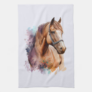 Brown Horse head Portrait in Watercolor Tea Towel