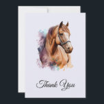 Brown Horse head Portrait in Watercolor Thank You Card<br><div class="desc">Thank you card with an image of a brown horse head wearing a leather halter portrait . Beautiful majestic animal.</div>