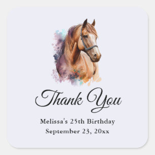 Brown Horse Head Portrait in Watercolor Thank You Square Sticker