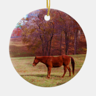 Brown horse in a grass field ceramic tree decoration