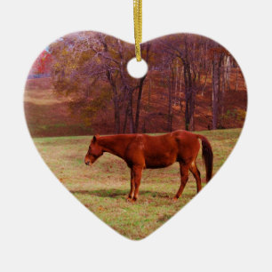 Brown horse in a grass field ceramic tree decoration