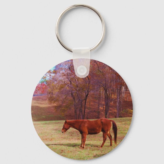Brown horse in a grass field key ring (Front)
