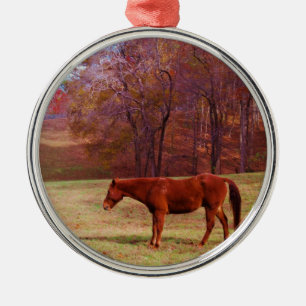 Brown horse in a grass field metal tree decoration